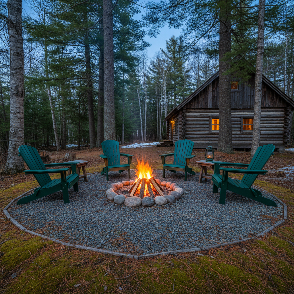 A tranquil outdoor firepit area beside a Maine log cabin, featuring a neat circle of smooth stones surrounding a modest stack of split firewood ready to burn. Four empty Adirondack chairs in deep forest green encircle the pit, set on a level bed of pea gravel bordered by pine needles and moss. Early evening blue-hour light lingers in the sky as warm firelight glows from the pit, casting flickering highlights on the chairs and nearby tree trunks. Photographic realism, wide-angle view with balanced composition, captures the mood of relaxed, unplugged gatherings after a day of skiing, hiking, or time at the lake.