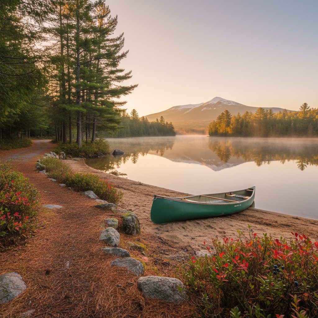 A peaceful scene of Moose Pond’s shoreline in Denmark, Maine, viewed from a small, rustic path leading from a nearby cabin. The foreground shows soft pine needles underfoot, scattered rocks, and low blueberry bushes, opening onto a small, sandy launch area with an empty canoe pulled slightly onto shore. The still water reflects surrounding pines and distant Pleasant Mountain, partially dusted with snow. Soft golden hour light warms the landscape, with a gentle mist hovering above the surface of the pond. Photographic realism, shot at a slightly low angle using the rule of thirds, conveys serenity and easy lake access from a nearby rental cabin.
