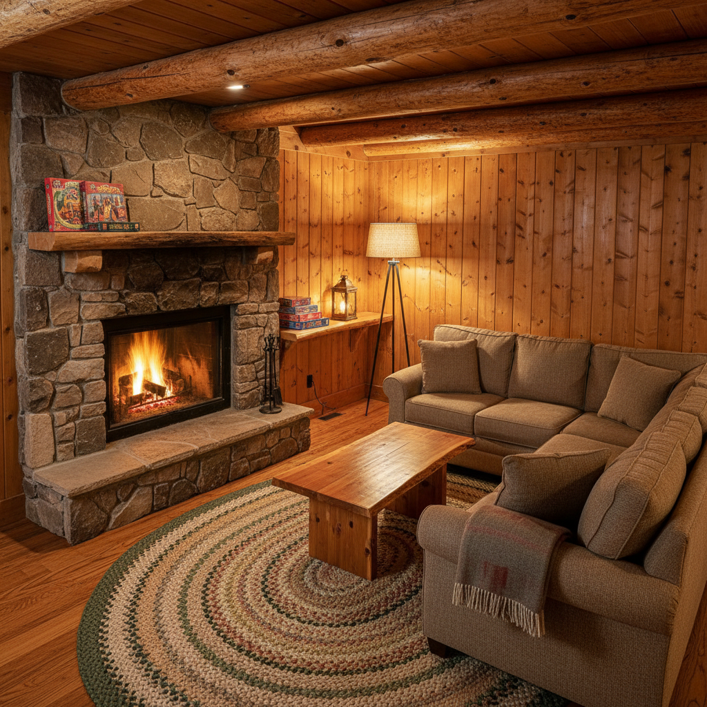 A cozy log cabin living room interior with knotty pine walls, exposed beams, and a stone fireplace with a glowing, well-tended fire. A plush, earth-toned sectional sofa and a simple wooden coffee table sit atop a braided rug, with a wool blanket folded neatly on the sofa arm. Board games and a lantern rest on a nearby shelf. Warm, ambient lighting from a floor lamp and the fire creates soft highlights on the wood grain and gentle shadows in the corners. Photographic realism, shot from a slightly elevated angle to capture the full room, conveys a welcoming, family-friendly space perfect for ski weekends and quiet evenings.