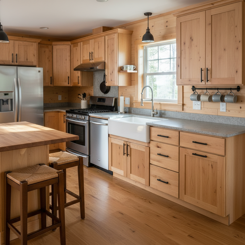 A bright, well-organized cabin kitchen with natural wood cabinetry, matte black hardware, and sturdy stone countertops in soft gray tones. Stainless steel appliances, a deep farmhouse sink, and a simple arrangement of mugs and cookware create a functional yet charming feel. Morning light streams through a medium-sized window over the sink, illuminating the subtle texture of the wood and casting gentle shadows along the backsplash. A narrow island or breakfast bar with two empty stools sits in the foreground. Photographic realism, eye-level composition with sharp focus throughout, emphasizes cleanliness, practicality, and rustic comfort suited for family meals at a Maine vacation rental.