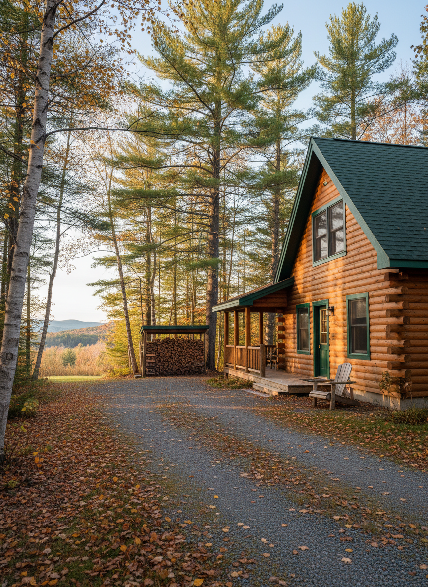 A classic log cabin exterior in Denmark, Maine, built from warm honey-colored logs with deep green trim and a steep gabled roof, stands nestled among tall pines and golden birch trees. A gravel driveway curves toward a tidy front porch with rustic wooden railings, an empty Adirondack chair, and a neatly stacked pile of firewood. Soft late-afternoon autumn sunlight filters through the trees, casting dappled shadows on the cabin’s textured wood and the carpet of fallen leaves. Captured at eye level with photographic realism, the composition uses the rule of thirds to highlight the cabin while showcasing the tranquil forest surroundings and a hint of distant hills, creating a calm, inviting four-season retreat atmosphere.